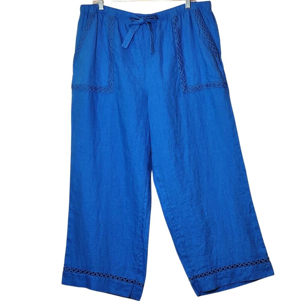 Joie Linen Wide Leg Pull On Cropped Pants Elastic Tie Waist Royal Blue XL - Picture 6 of 12